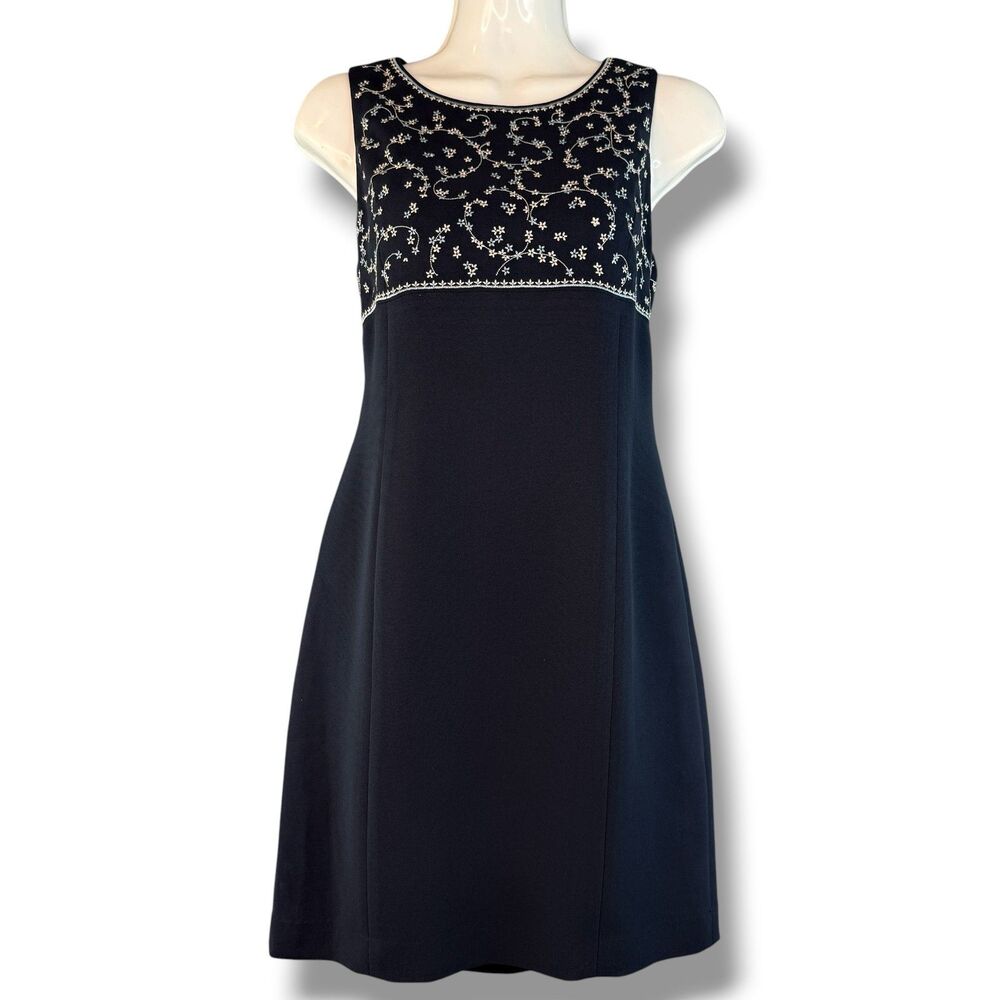 Vintage Navy Blue Midi Dress Sleeveless Floral Embroidery Fairy Whimsical Size 2